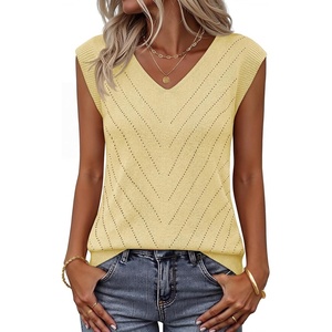 Womens Summer Sleeveless Eyelet Tank Top V Neck Lightweight Sweater Vest | 2026, Knitted, Business Casual, Stretchable, Ribbed, Relaxed, Breathable, Dressy Blouse Shirts, Layering, Fall Outfit Clothes(Lightyellow)