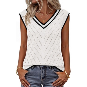 Womens Summer Sleeveless Eyelet Tank Top V Neck Lightweight Sweater Vest | 2026, Knitted, Business Casual, Stretchable, Ribbed, Relaxed, Breathable, Dressy Blouse Shirts, Layering, Fall Outfit Clothes(Trimwhite)