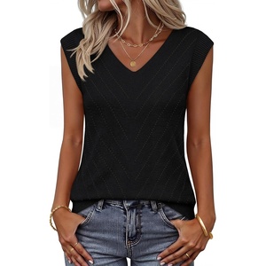 Womens Summer Sleeveless Eyelet Tank Top V Neck Lightweight Sweater Vest | 2026, Knitted, Business Casual, Stretchable, Ribbed, Relaxed, Breathable, Dressy Blouse Shirts, Layering, Fall Outfit Clothes(Black)
