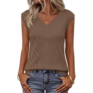 Womens Summer Sleeveless Eyelet Tank Top V Neck Lightweight Sweater Vest | 2026, Knitted, Business Casual, Stretchable, Ribbed, Relaxed, Breathable, Dressy Blouse Shirts, Layering, Fall Outfit Clothes(Brown)