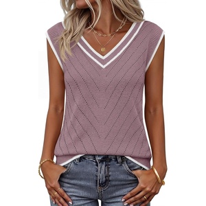 Womens Summer Sleeveless Eyelet Tank Top V Neck Lightweight Sweater Vest | 2026, Knitted, Business Casual, Stretchable, Ribbed, Relaxed, Breathable, Dressy Blouse Shirts, Layering, Fall Outfit Clothes(Trimpurple)
