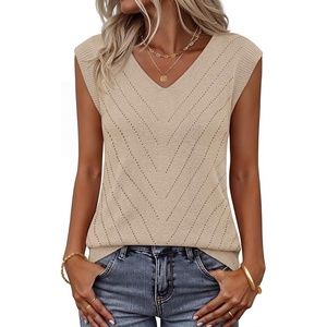 Womens Summer Sleeveless Eyelet Tank Top V Neck Lightweight Sweater Vest | 2026, Knitted, Business Casual, Stretchable, Ribbed, Relaxed, Breathable, Dressy Blouse Shirts, Layering, Fall Outfit Clothes(Apricot)