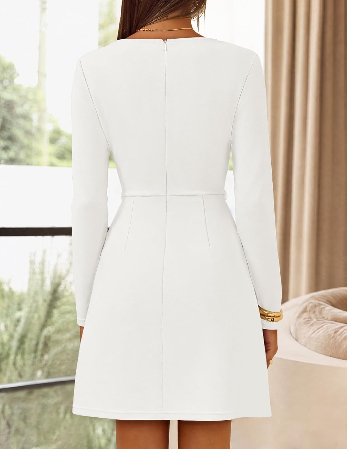 image:imageMEROKEETY Womens Fall Business Casual Work Office Long Sleeve Mini Dress A Line Bodycon Elegant Classy Cocktail Dinner Date Night Decorative Pockets Metal Buttons Back Zipper Elastic BeltWhite