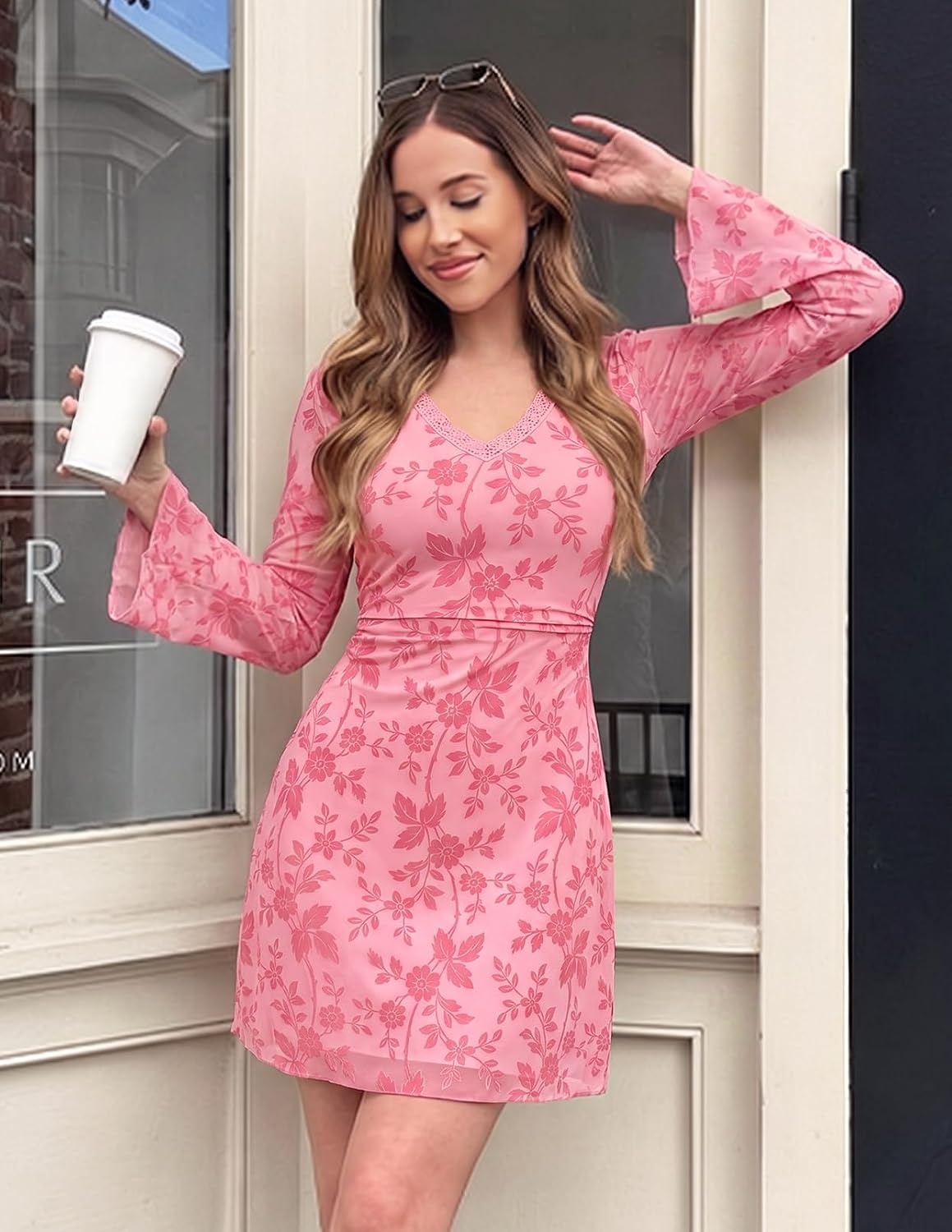 image:imageMEROKEETY Womens Fall Floral Mesh Long Sleeve Going Out Club Mini Dress Bell Sleeves Ruched Cinched Waist Lace Trimmed V Neck Fitted Y2K Sexy Date Night Outfits Cocktail Short DressesPink
