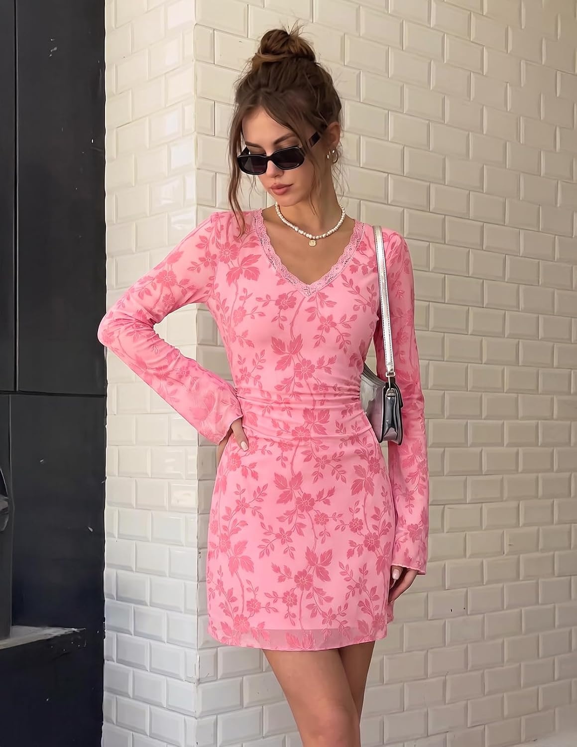 image:imageMEROKEETY Womens Fall Floral Mesh Long Sleeve Going Out Club Mini Dress Bell Sleeves Ruched Cinched Waist Lace Trimmed V Neck Fitted Y2K Sexy Date Night Outfits Cocktail Short DressesPink