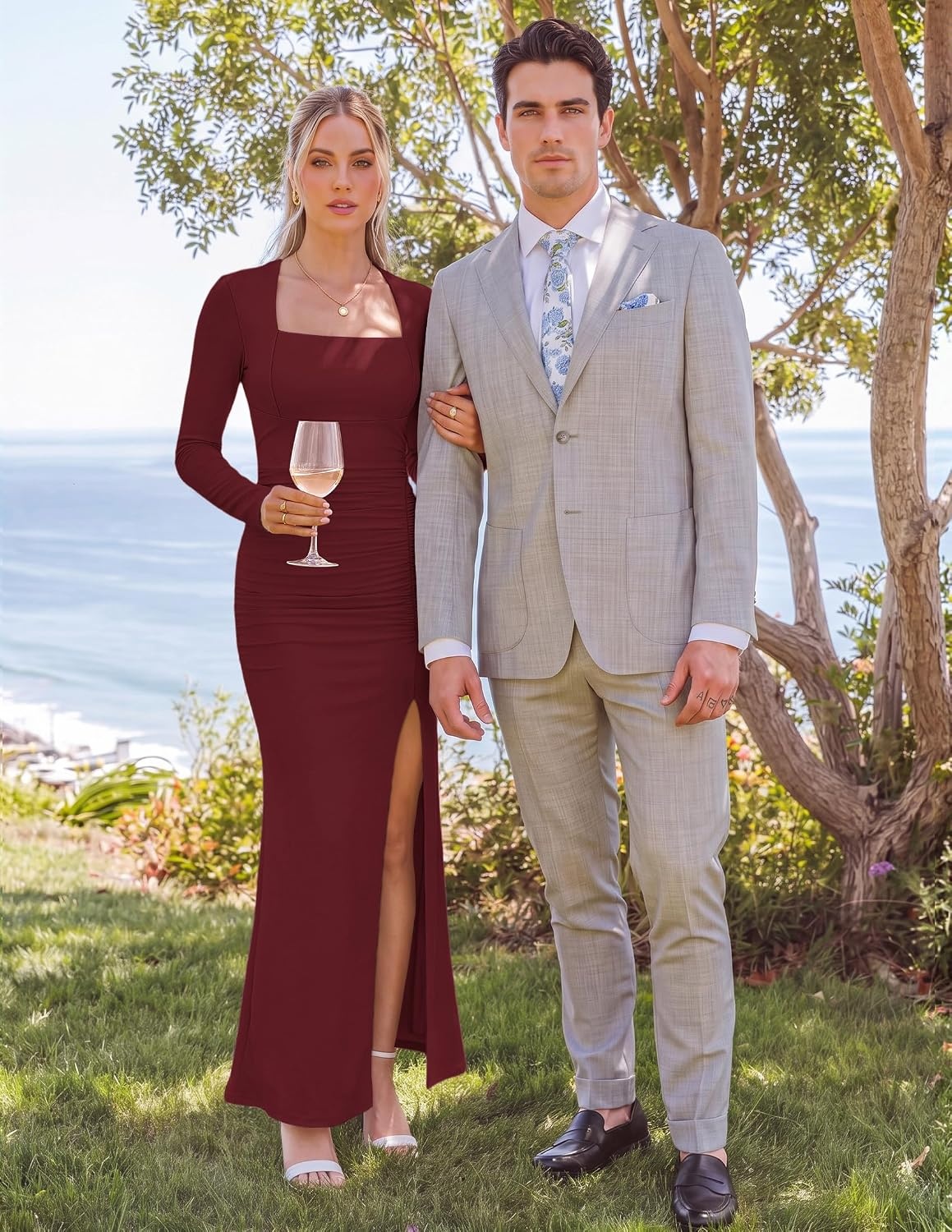 image:imageMEROKEETY Womens Fall Long Sleeve Bodycon 2026 Wedding Guest Maxi Dress Elegant Square Neck Ruched Side Slit Slim Fit Formal Cocktail Party Sexy Trendy Fashion Date Night Prom Long DressesWine
