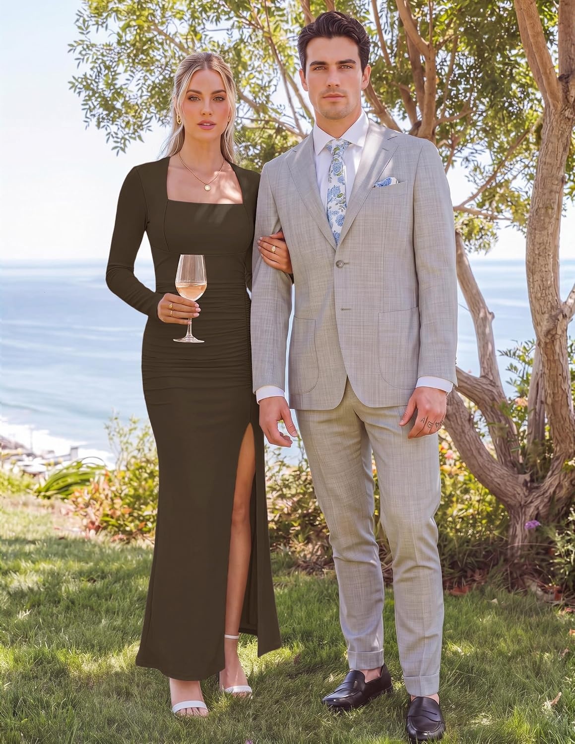 image:imageMEROKEETY Womens Fall Long Sleeve Bodycon 2026 Wedding Guest Maxi Dress Elegant Square Neck Ruched Side Slit Slim Fit Formal Cocktail Party Sexy Trendy Fashion Date Night Prom Long DressesCoffee