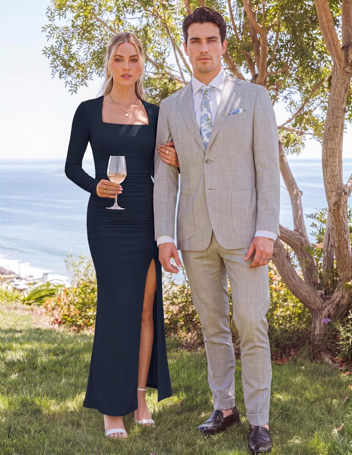 image:imageMEROKEETY Womens Fall Long Sleeve Bodycon 2026 Wedding Guest Maxi Dress Elegant Square Neck Ruched Side Slit Slim Fit Formal Cocktail Party Sexy Trendy Fashion Date Night Prom Long DressesNavy