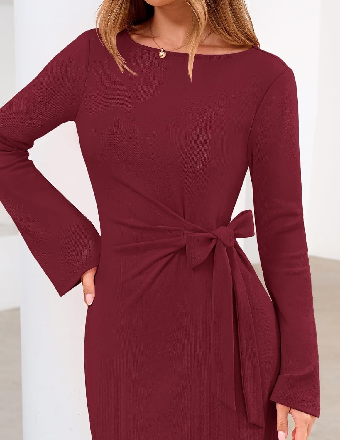 image:imageMEROKEETY Womens Fall Long Sleeve Tie Waist Boat Neck Elegant Midi Dresses Ruched Waist Trendy Bell Sleeve Back Slit Slimming Fit Business Casual Formal Wedding Guest Cocktail Dress Work OutfitsWine