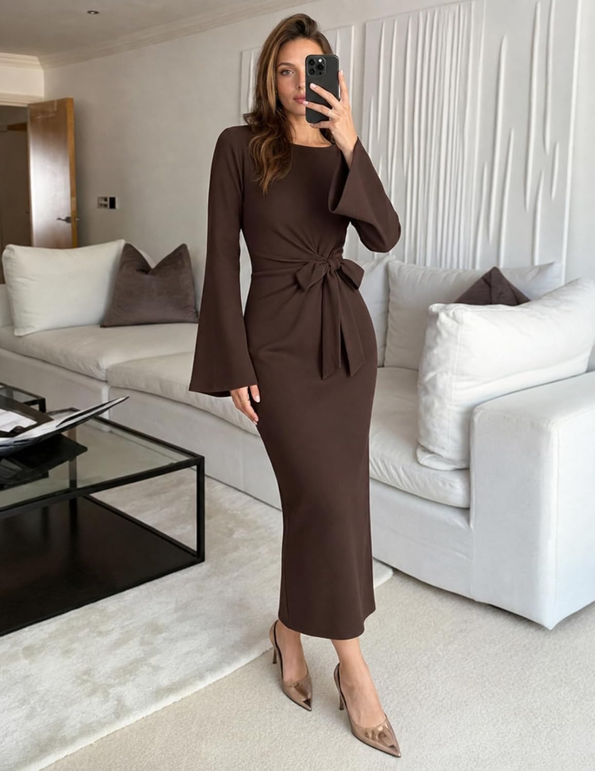 image:imageMEROKEETY Womens Fall Long Sleeve Tie Waist Boat Neck Elegant Midi Dresses Ruched Waist Trendy Bell Sleeve Back Slit Slimming Fit Business Casual Formal Wedding Guest Cocktail Dress Work OutfitsCoffee