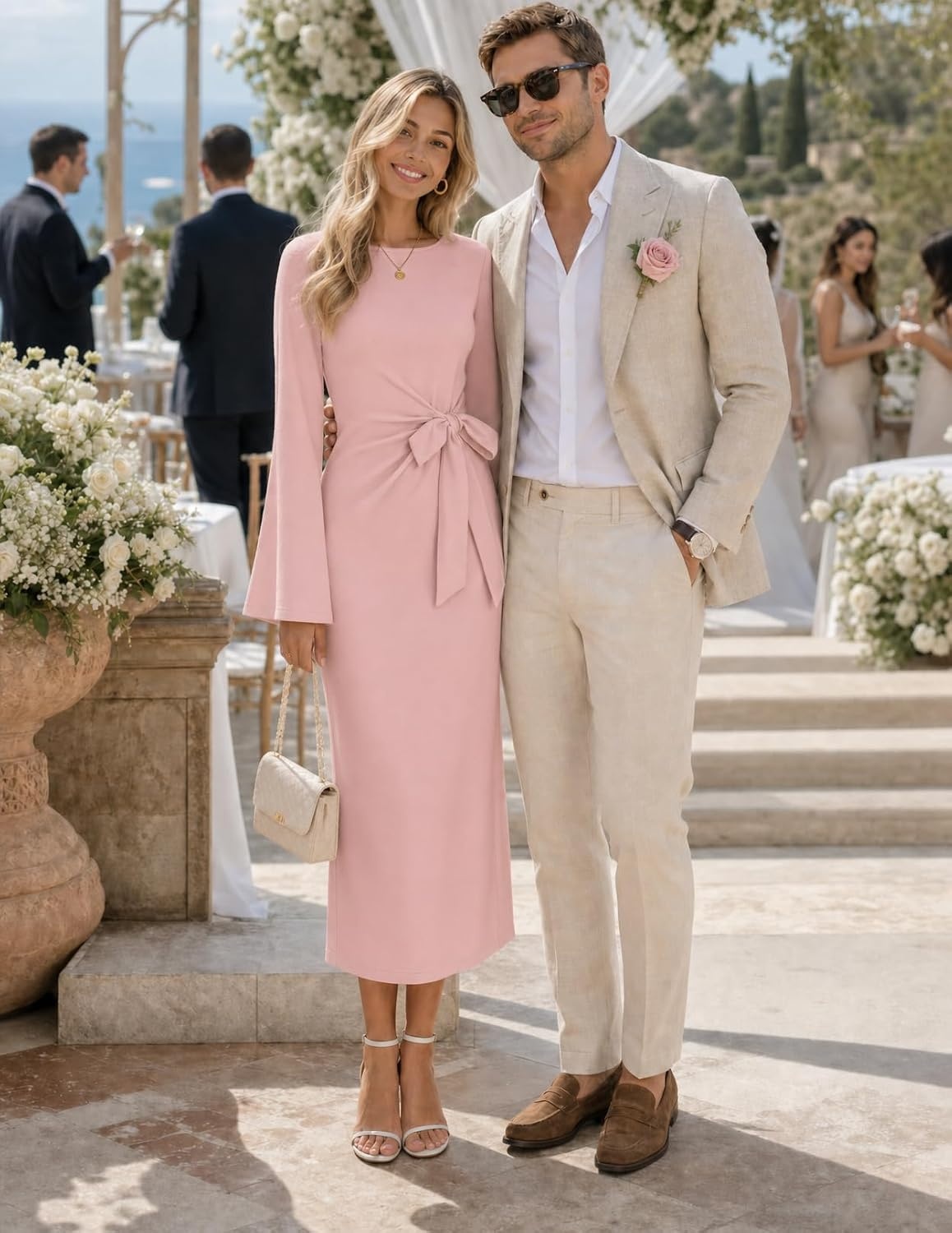 image:imageMEROKEETY Womens Fall Long Sleeve Tie Waist Boat Neck Elegant Midi Dresses Ruched Waist Trendy Bell Sleeve Back Slit Slimming Fit Business Casual Formal Wedding Guest Cocktail Dress Work OutfitsPink