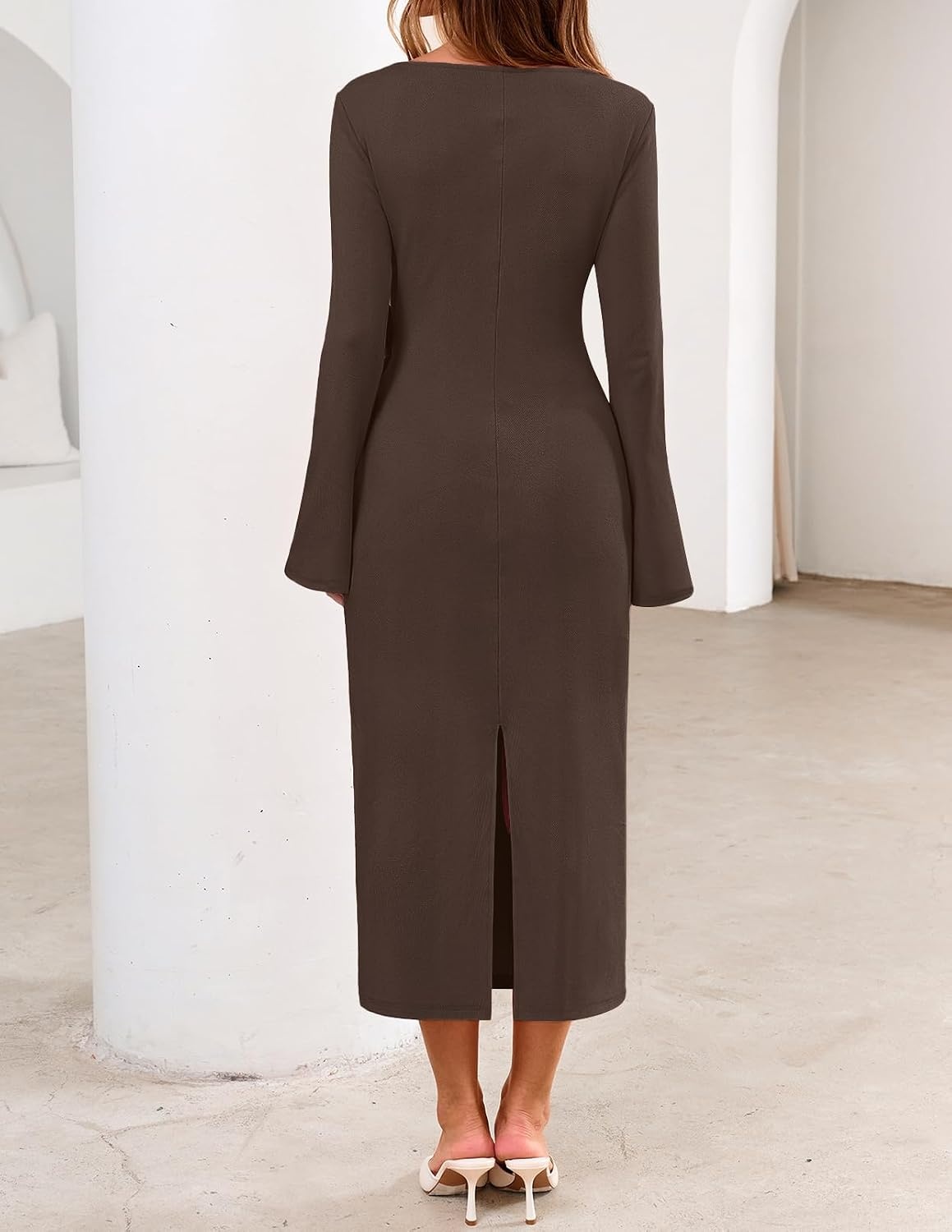 image:imageMEROKEETY Womens Fall Long Sleeve Tie Waist Boat Neck Elegant Midi Dresses Ruched Waist Trendy Bell Sleeve Back Slit Slimming Fit Business Casual Formal Wedding Guest Cocktail Dress Work OutfitsCoffee