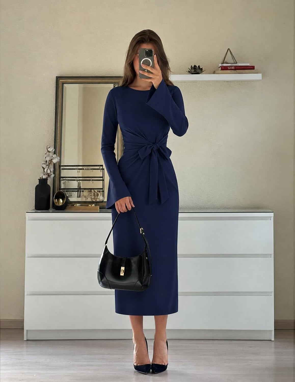 image:imageMEROKEETY Womens Fall Long Sleeve Tie Waist Boat Neck Elegant Midi Dresses Ruched Waist Trendy Bell Sleeve Back Slit Slimming Fit Business Casual Formal Wedding Guest Cocktail Dress Work OutfitsNavy