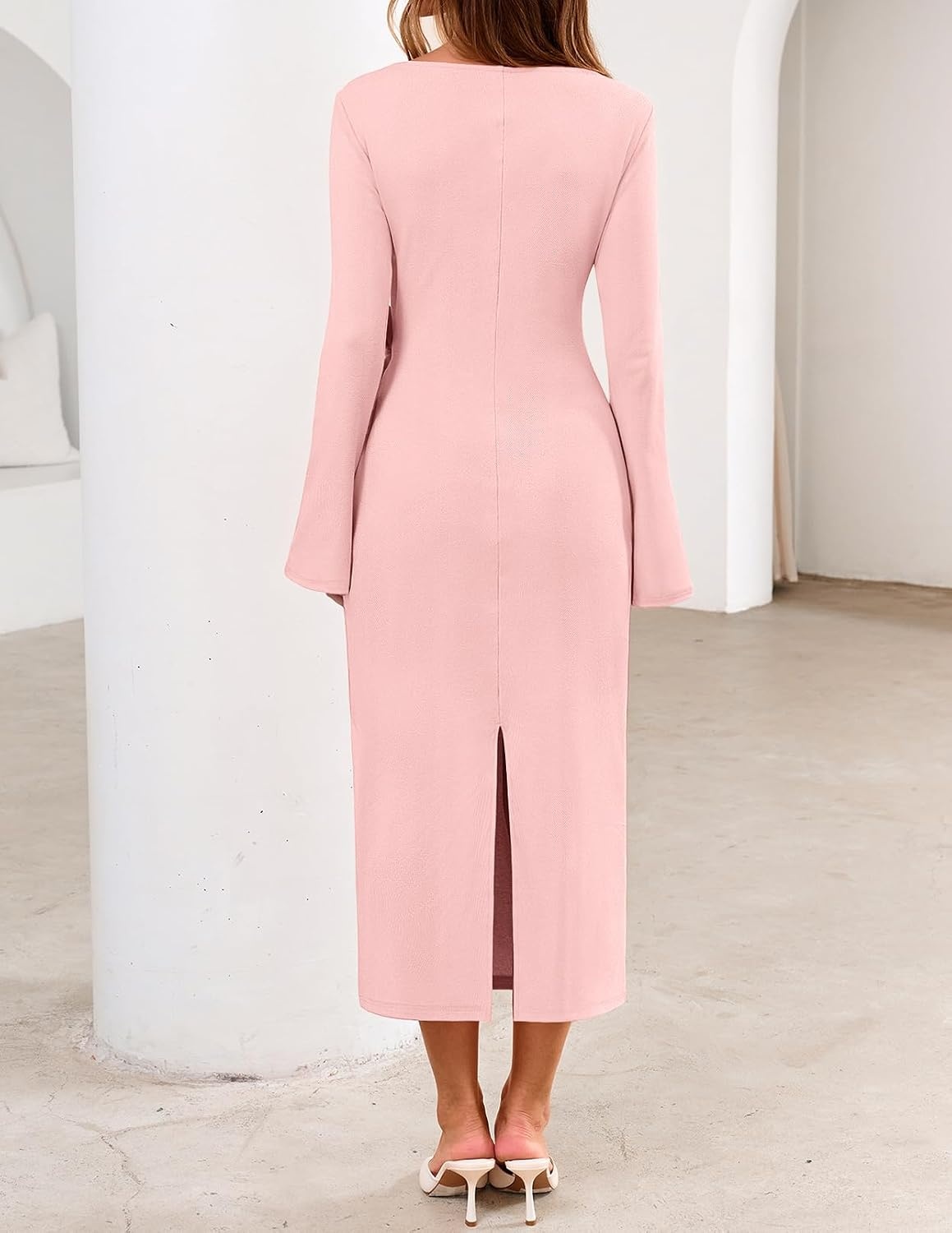 image:imageMEROKEETY Womens Fall Long Sleeve Tie Waist Boat Neck Elegant Midi Dresses Ruched Waist Trendy Bell Sleeve Back Slit Slimming Fit Business Casual Formal Wedding Guest Cocktail Dress Work OutfitsPink