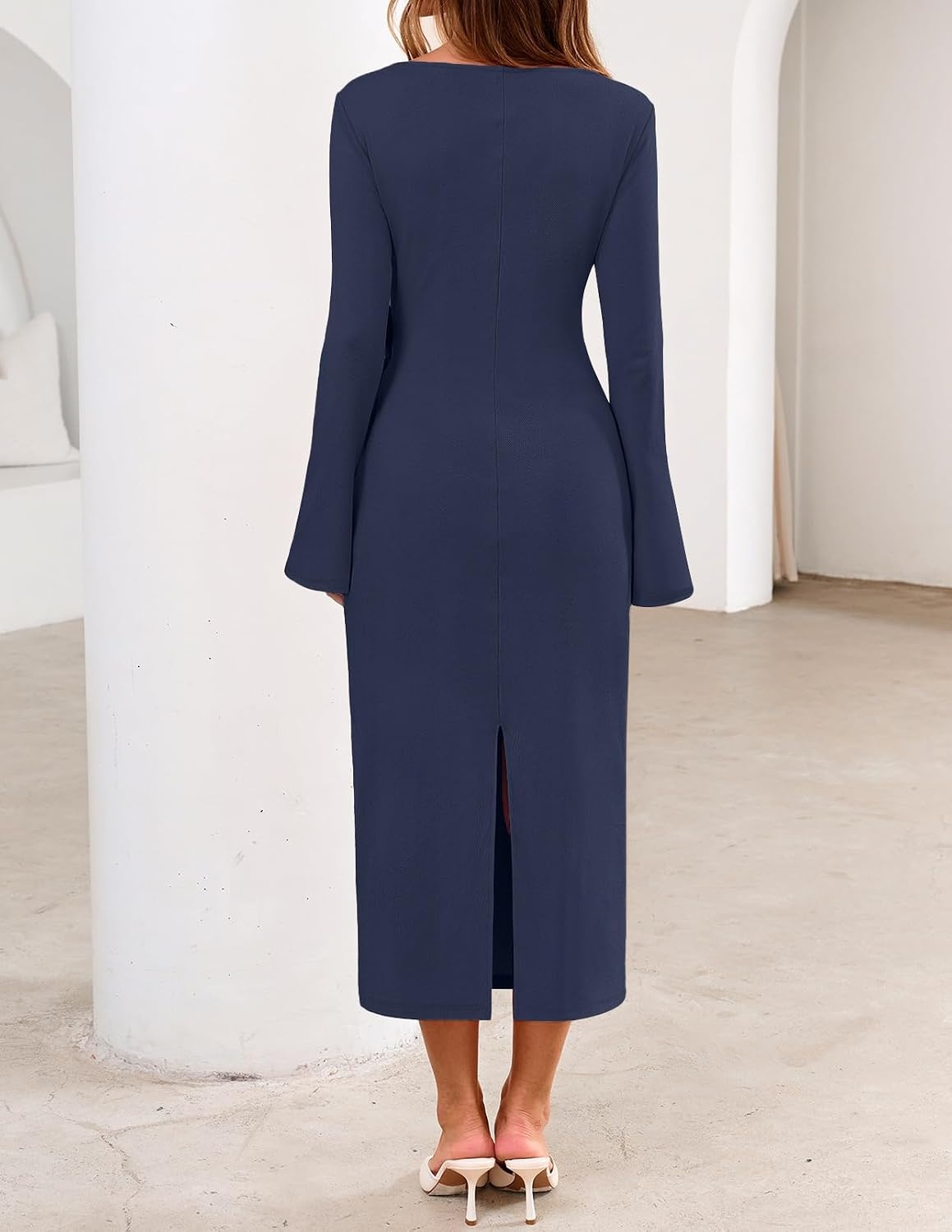 image:imageMEROKEETY Womens Fall Long Sleeve Tie Waist Boat Neck Elegant Midi Dresses Ruched Waist Trendy Bell Sleeve Back Slit Slimming Fit Business Casual Formal Wedding Guest Cocktail Dress Work OutfitsNavy
