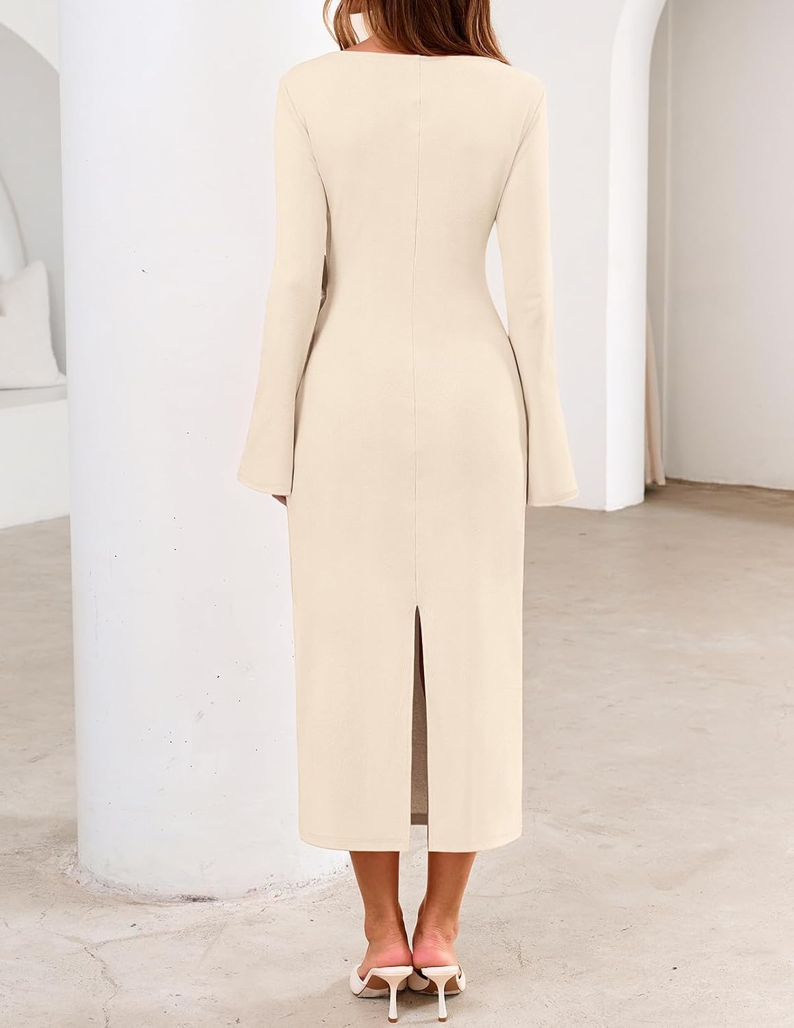 image:imageMEROKEETY Womens Fall Long Sleeve Tie Waist Boat Neck Elegant Midi Dresses Ruched Waist Trendy Bell Sleeve Back Slit Slimming Fit Business Casual Formal Wedding Guest Cocktail Dress Work OutfitsApricot