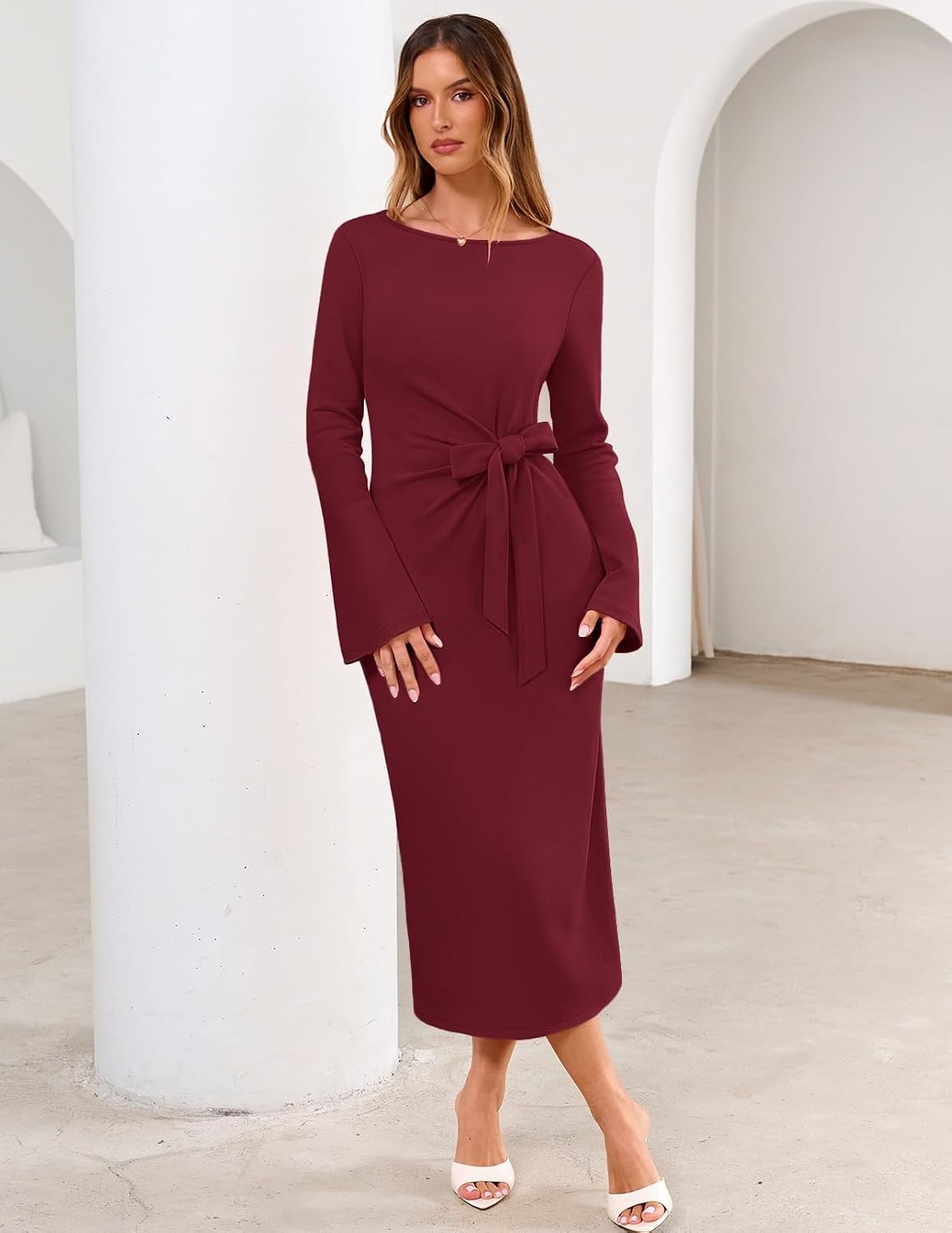 image:imageMEROKEETY Womens Fall Long Sleeve Tie Waist Boat Neck Elegant Midi Dresses Ruched Waist Trendy Bell Sleeve Back Slit Slimming Fit Business Casual Formal Wedding Guest Cocktail Dress Work OutfitsWine