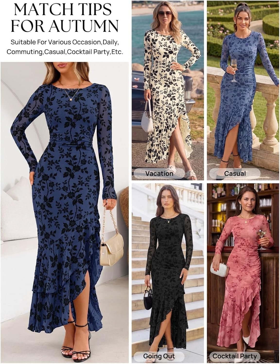 image:imageMEROKEETY Womens Fall Wedding Guest Cocktail Formal Maxi Dresses Long Sleeve Floral Boat Neck Bodycon Asymmetric Ruffle Hem Mesh Sexy High Slit Bridesmaid Dinner 2026 Long DressNavy