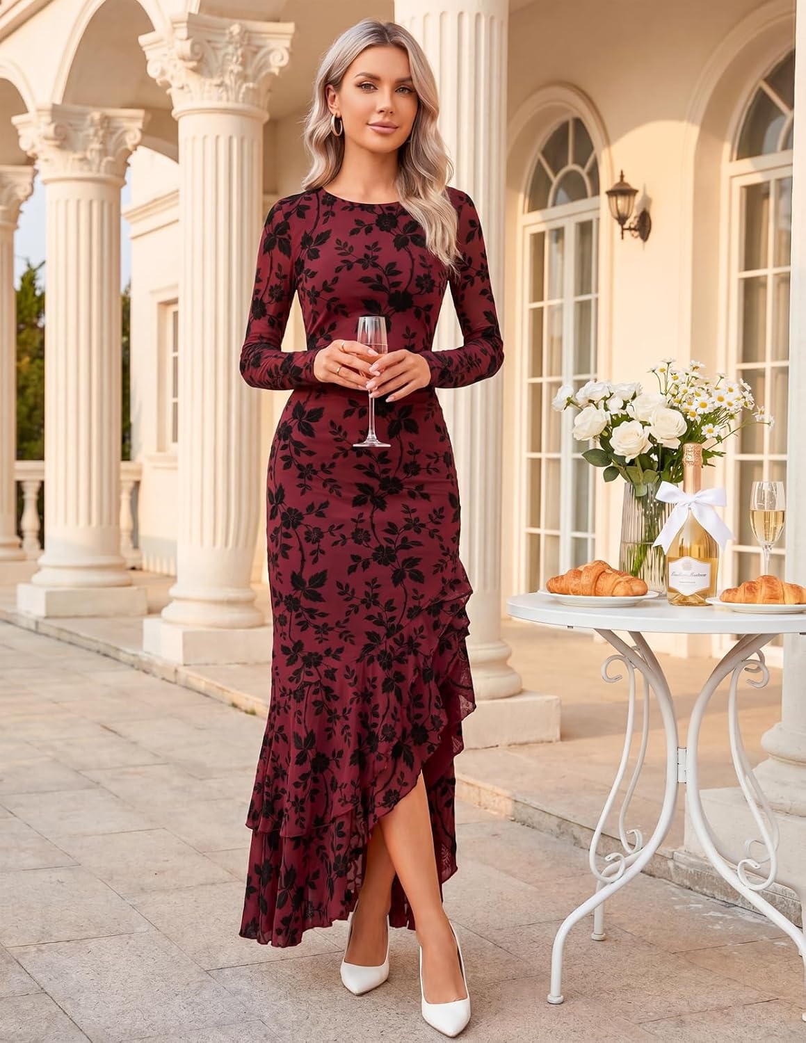 image:imageMEROKEETY Womens Fall Wedding Guest Cocktail Formal Maxi Dresses Long Sleeve Floral Boat Neck Bodycon Asymmetric Ruffle Hem Mesh Sexy High Slit Bridesmaid Dinner 2026 Long DressWine