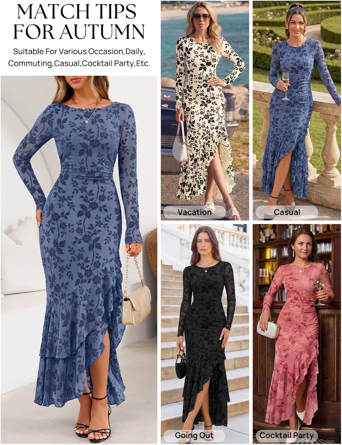 image:imageMEROKEETY Womens Fall Wedding Guest Cocktail Formal Maxi Dresses Long Sleeve Floral Boat Neck Bodycon Asymmetric Ruffle Hem Mesh Sexy High Slit Bridesmaid Dinner 2026 Long DressDusty Blue
