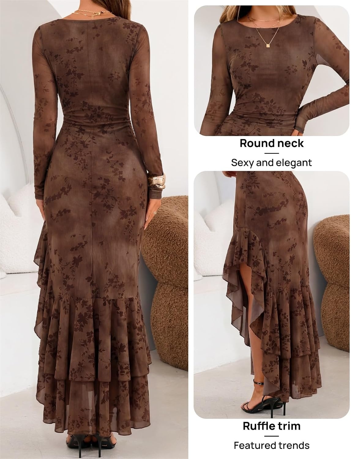 image:imageMEROKEETY Womens Fall Wedding Guest Cocktail Formal Maxi Dresses Long Sleeve Floral Boat Neck Bodycon Asymmetric Ruffle Hem Mesh Sexy High Slit Bridesmaid Dinner 2026 Long DressBrown