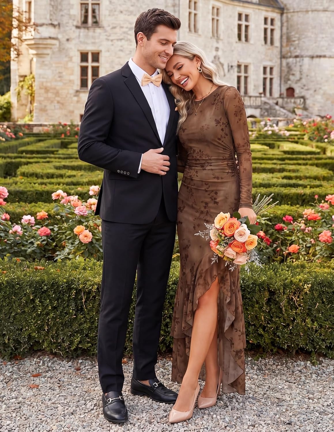 image:imageMEROKEETY Womens Fall Wedding Guest Cocktail Formal Maxi Dresses Long Sleeve Floral Boat Neck Bodycon Asymmetric Ruffle Hem Mesh Sexy High Slit Bridesmaid Dinner 2026 Long DressBrown