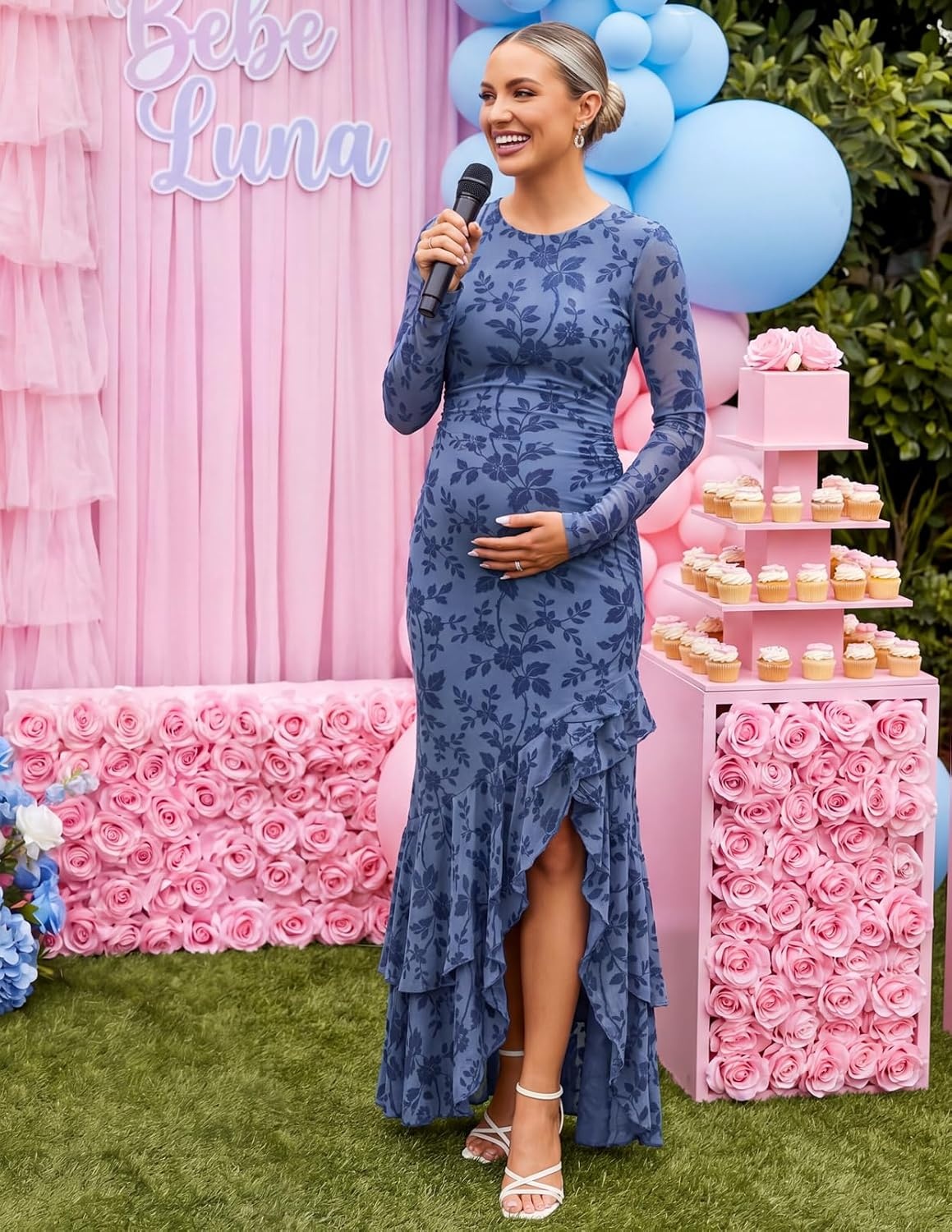 image:imageMEROKEETY Womens Fall Wedding Guest Cocktail Formal Maxi Dresses Long Sleeve Floral Boat Neck Bodycon Asymmetric Ruffle Hem Mesh Sexy High Slit Bridesmaid Dinner 2026 Long DressDusty Blue