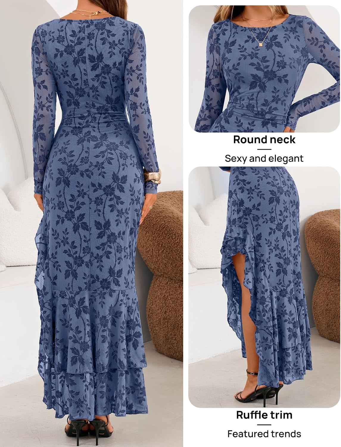 image:imageMEROKEETY Womens Fall Wedding Guest Cocktail Formal Maxi Dresses Long Sleeve Floral Boat Neck Bodycon Asymmetric Ruffle Hem Mesh Sexy High Slit Bridesmaid Dinner 2026 Long DressDusty Blue