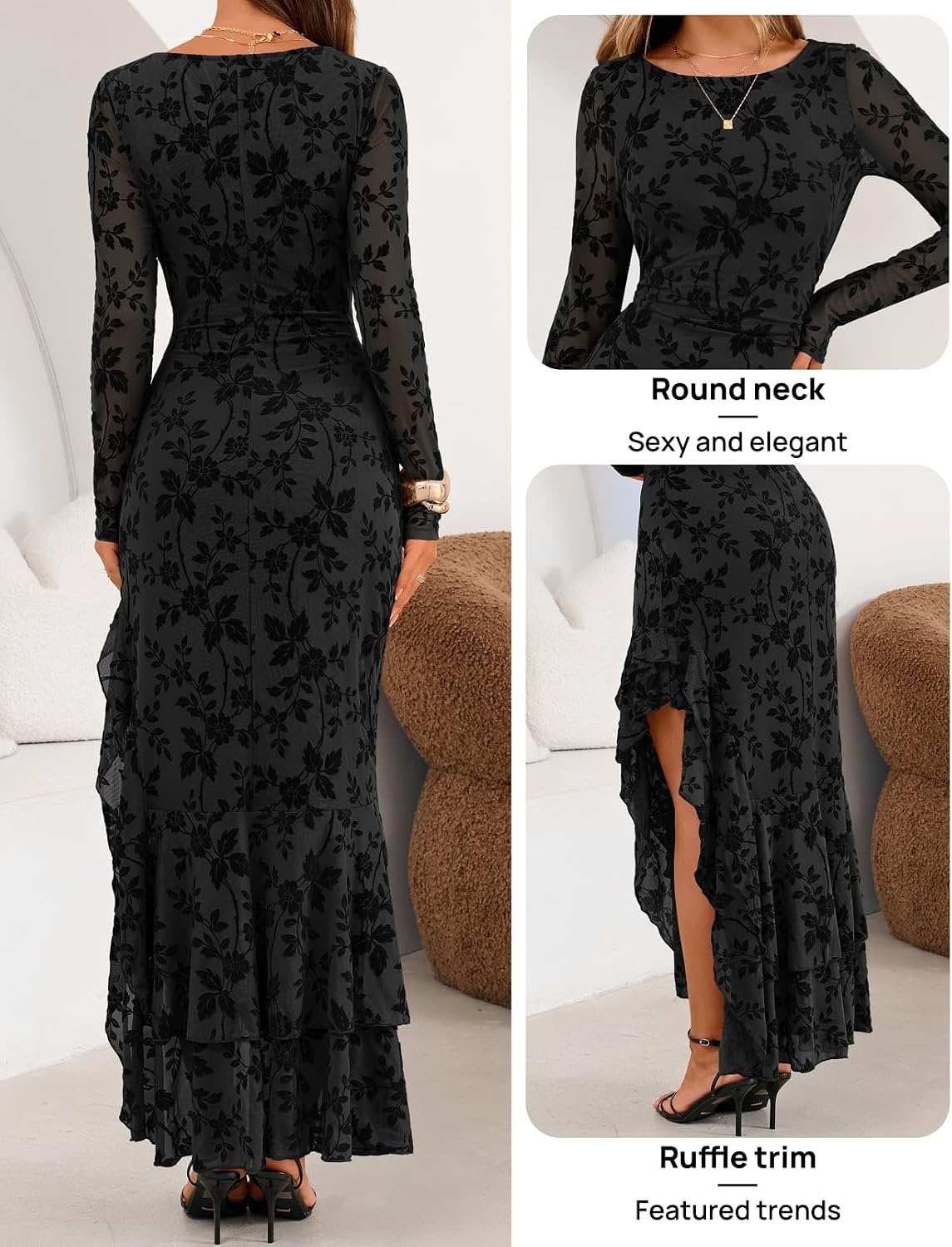 image:imageMEROKEETY Womens Fall Wedding Guest Cocktail Formal Maxi Dresses Long Sleeve Floral Boat Neck Bodycon Asymmetric Ruffle Hem Mesh Sexy High Slit Bridesmaid Dinner 2026 Long DressBlack