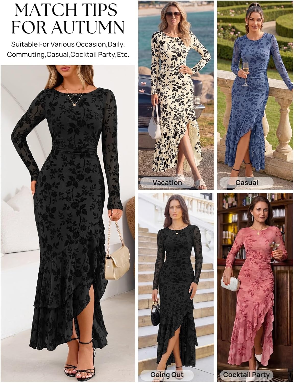 image:imageMEROKEETY Womens Fall Wedding Guest Cocktail Formal Maxi Dresses Long Sleeve Floral Boat Neck Bodycon Asymmetric Ruffle Hem Mesh Sexy High Slit Bridesmaid Dinner 2026 Long DressBlack
