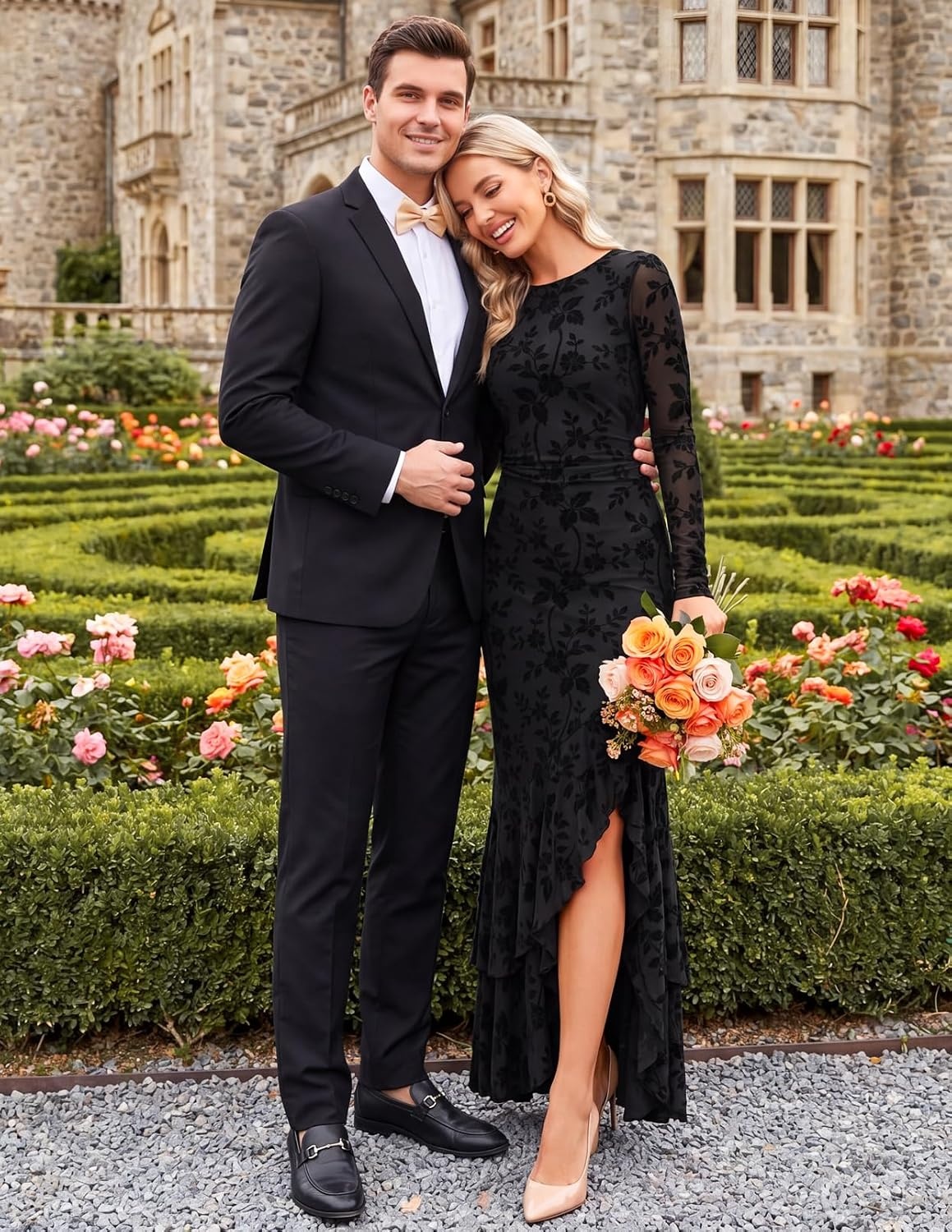 image:imageMEROKEETY Womens Fall Wedding Guest Cocktail Formal Maxi Dresses Long Sleeve Floral Boat Neck Bodycon Asymmetric Ruffle Hem Mesh Sexy High Slit Bridesmaid Dinner 2026 Long DressBlack