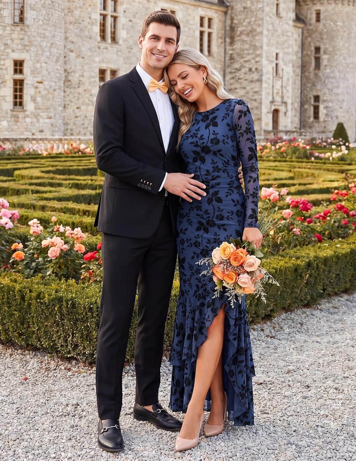 image:imageMEROKEETY Womens Fall Wedding Guest Cocktail Formal Maxi Dresses Long Sleeve Floral Boat Neck Bodycon Asymmetric Ruffle Hem Mesh Sexy High Slit Bridesmaid Dinner 2026 Long DressNavy