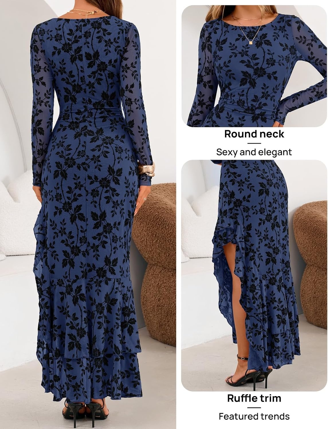 image:imageMEROKEETY Womens Fall Wedding Guest Cocktail Formal Maxi Dresses Long Sleeve Floral Boat Neck Bodycon Asymmetric Ruffle Hem Mesh Sexy High Slit Bridesmaid Dinner 2026 Long DressNavy