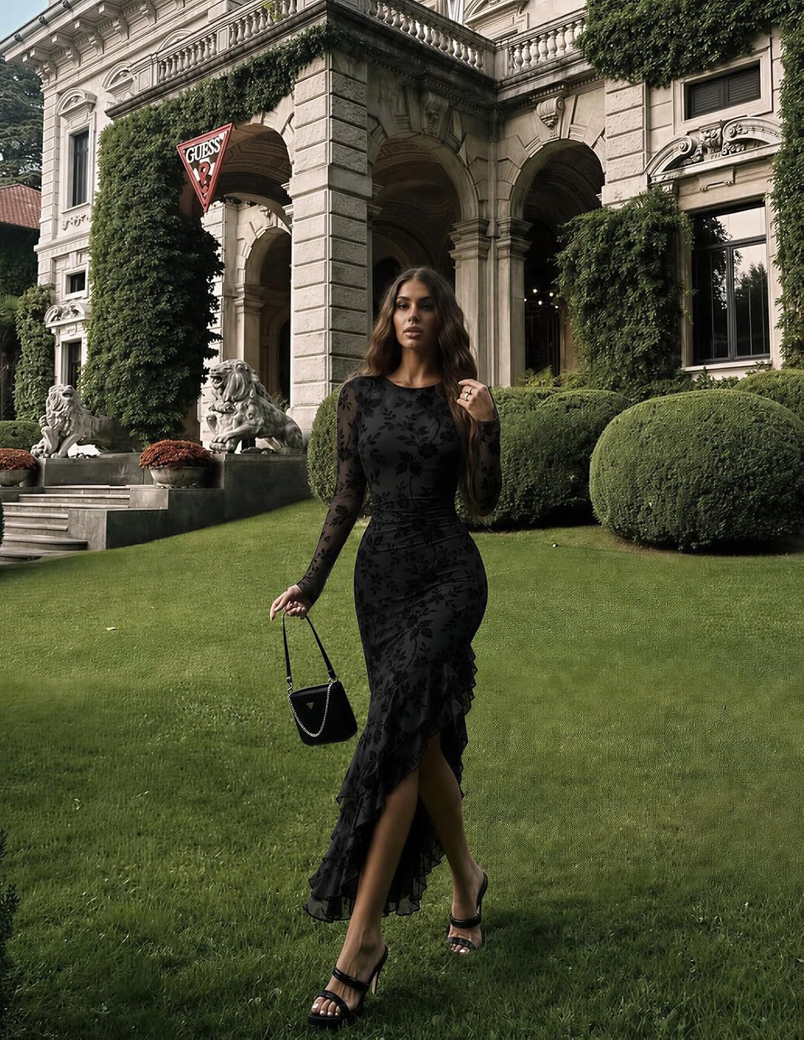 image:imageMEROKEETY Womens Fall Wedding Guest Cocktail Formal Maxi Dresses Long Sleeve Floral Boat Neck Bodycon Asymmetric Ruffle Hem Mesh Sexy High Slit Bridesmaid Dinner 2026 Long DressBlack