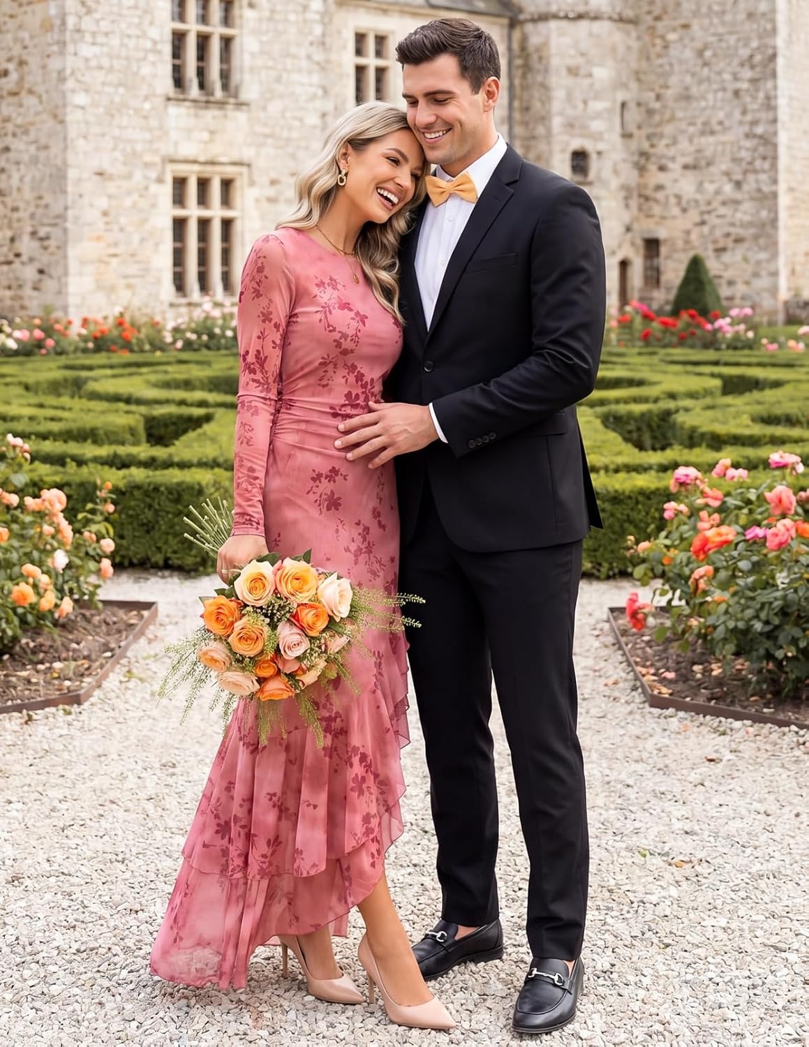 image:imageMEROKEETY Womens Fall Wedding Guest Cocktail Formal Maxi Dresses Long Sleeve Floral Boat Neck Bodycon Asymmetric Ruffle Hem Mesh Sexy High Slit Bridesmaid Dinner 2026 Long DressPink