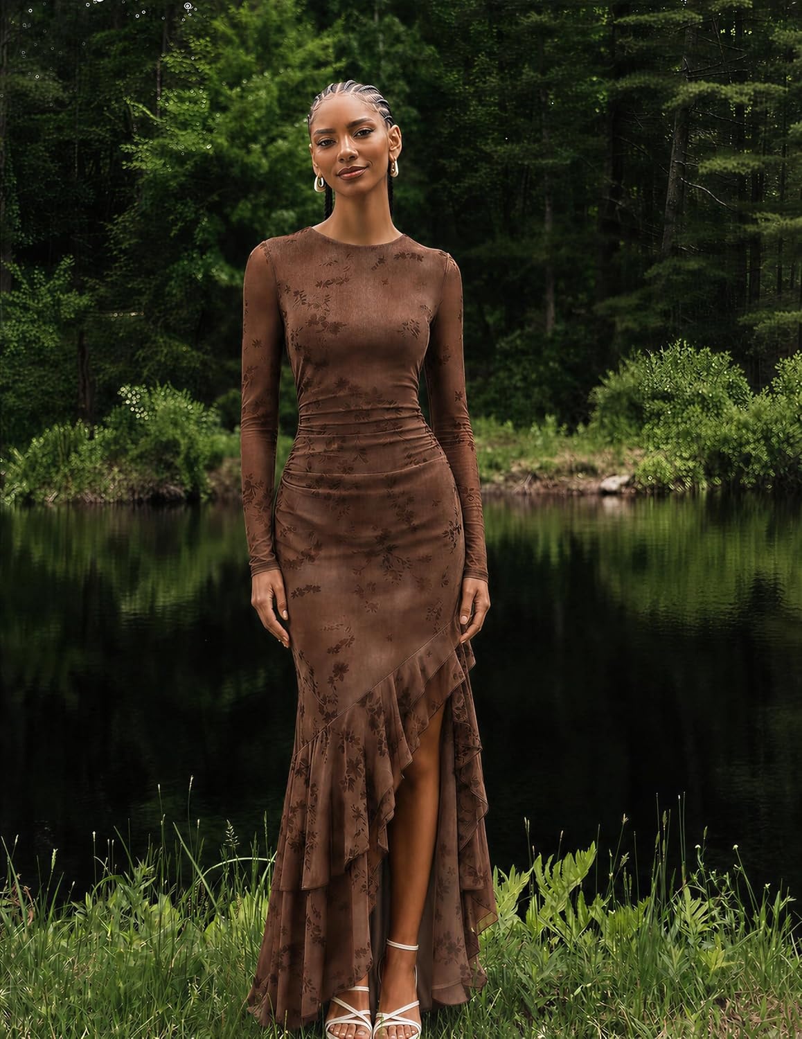 image:imageMEROKEETY Womens Fall Wedding Guest Cocktail Formal Maxi Dresses Long Sleeve Floral Boat Neck Bodycon Asymmetric Ruffle Hem Mesh Sexy High Slit Bridesmaid Dinner 2026 Long DressBrown