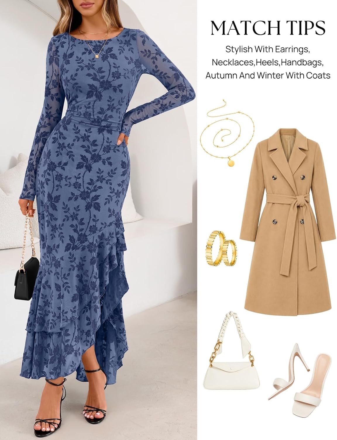 image:imageMEROKEETY Womens Fall Wedding Guest Cocktail Formal Maxi Dresses Long Sleeve Floral Boat Neck Bodycon Asymmetric Ruffle Hem Mesh Sexy High Slit Bridesmaid Dinner 2026 Long DressDusty Blue