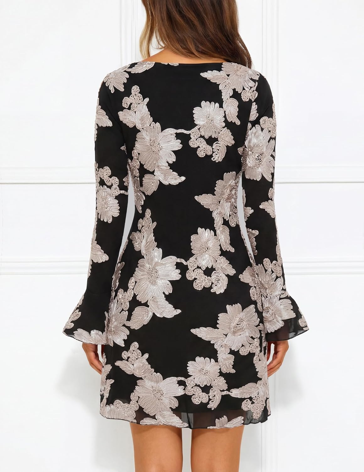 image:imageMEROKEETY Womens Floral Mesh Wedding Guest Cocktail Party Dress Ruffled Long Sleeve Bodycon Boat Neck Fit and Flare Mini Length Bridal Shower Date Formal Elegant Fall Dress 2026Blackwhite