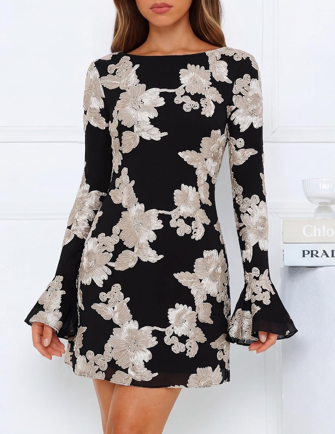 image:imageMEROKEETY Womens Floral Mesh Wedding Guest Cocktail Party Dress Ruffled Long Sleeve Bodycon Boat Neck Fit and Flare Mini Length Bridal Shower Date Formal Elegant Fall Dress 2026Blackwhite