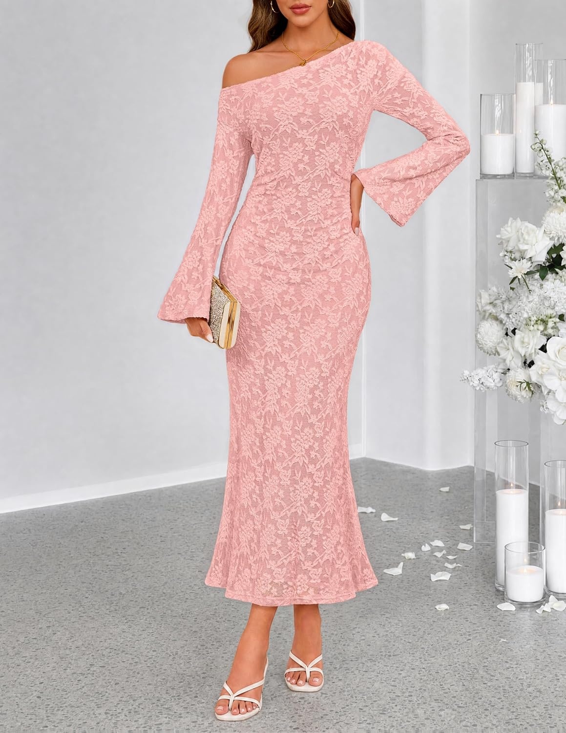 image:imageMEROKEETY Womens Lace Off The Shoulder Wedding Guest Maxi Dress 2026 Floral Jacquard Bell Long Sleeve Fitted Bodycon Ruched Lined Elegant Formal Outfifs Cocktail Party Date Night DressesPink