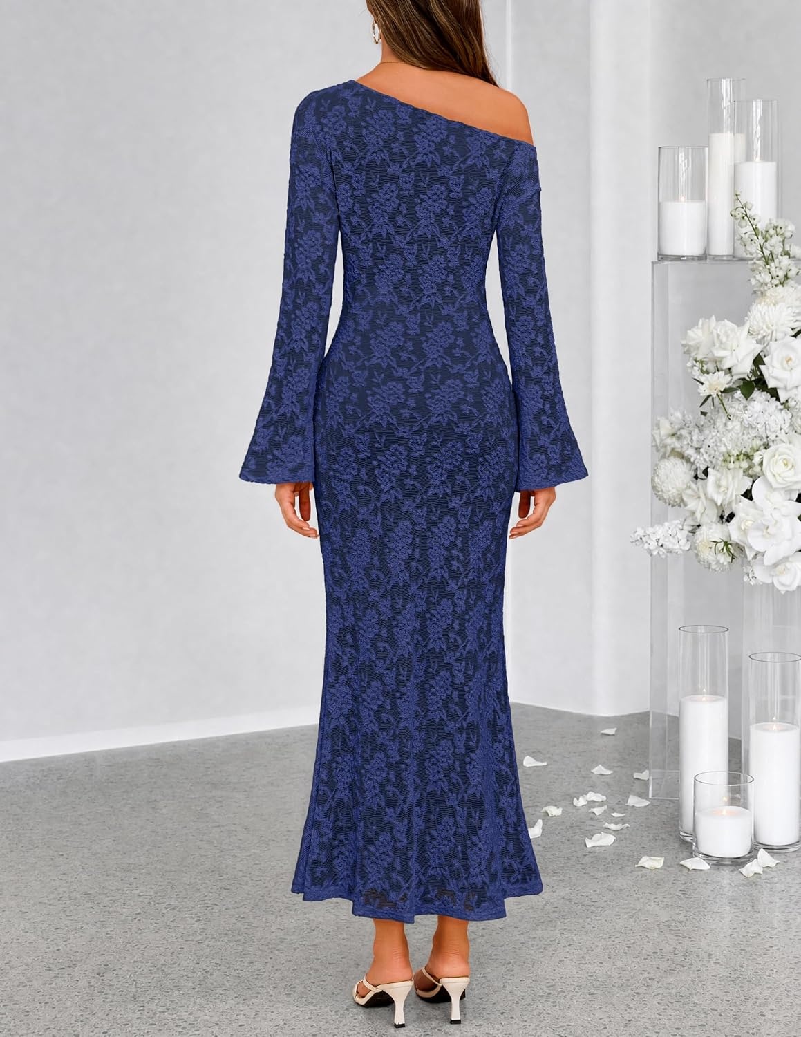 image:imageMEROKEETY Womens Lace Off The Shoulder Wedding Guest Maxi Dress 2026 Floral Jacquard Bell Long Sleeve Fitted Bodycon Ruched Lined Elegant Formal Outfifs Cocktail Party Date Night DressesNavy
