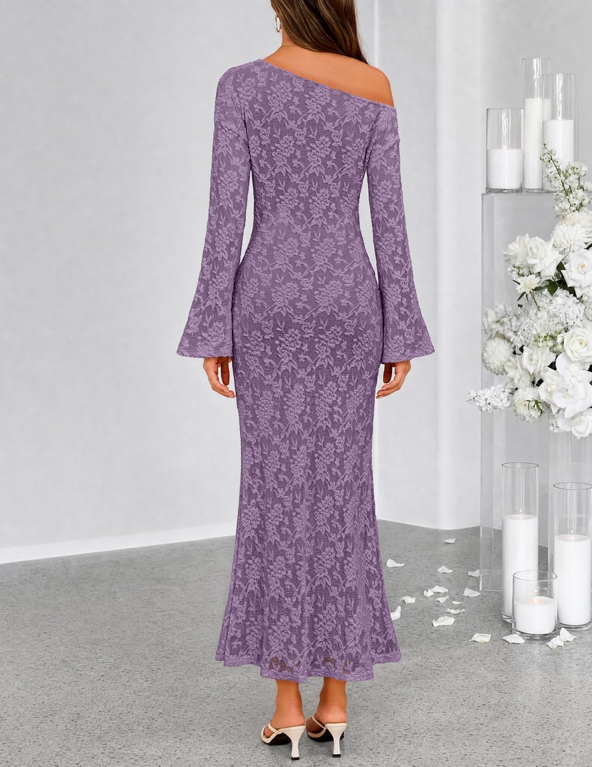 image:imageMEROKEETY Womens Lace Off The Shoulder Wedding Guest Maxi Dress 2026 Floral Jacquard Bell Long Sleeve Fitted Bodycon Ruched Lined Elegant Formal Outfifs Cocktail Party Date Night DressesPurple