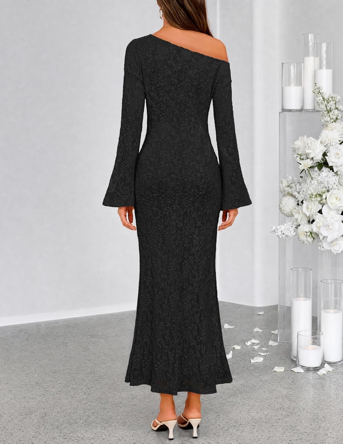 image:imageMEROKEETY Womens Lace Off The Shoulder Wedding Guest Maxi Dress 2026 Floral Jacquard Bell Long Sleeve Fitted Bodycon Ruched Lined Elegant Formal Outfifs Cocktail Party Date Night DressesBlack