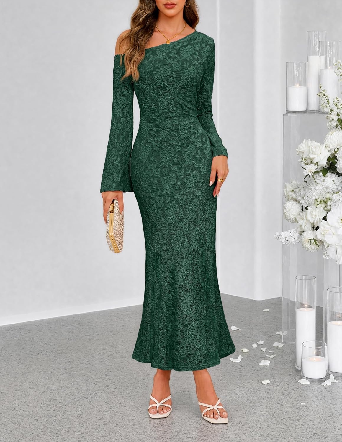 image:imageMEROKEETY Womens Lace Off The Shoulder Wedding Guest Maxi Dress 2026 Floral Jacquard Bell Long Sleeve Fitted Bodycon Ruched Lined Elegant Formal Outfifs Cocktail Party Date Night DressesDarkgreen