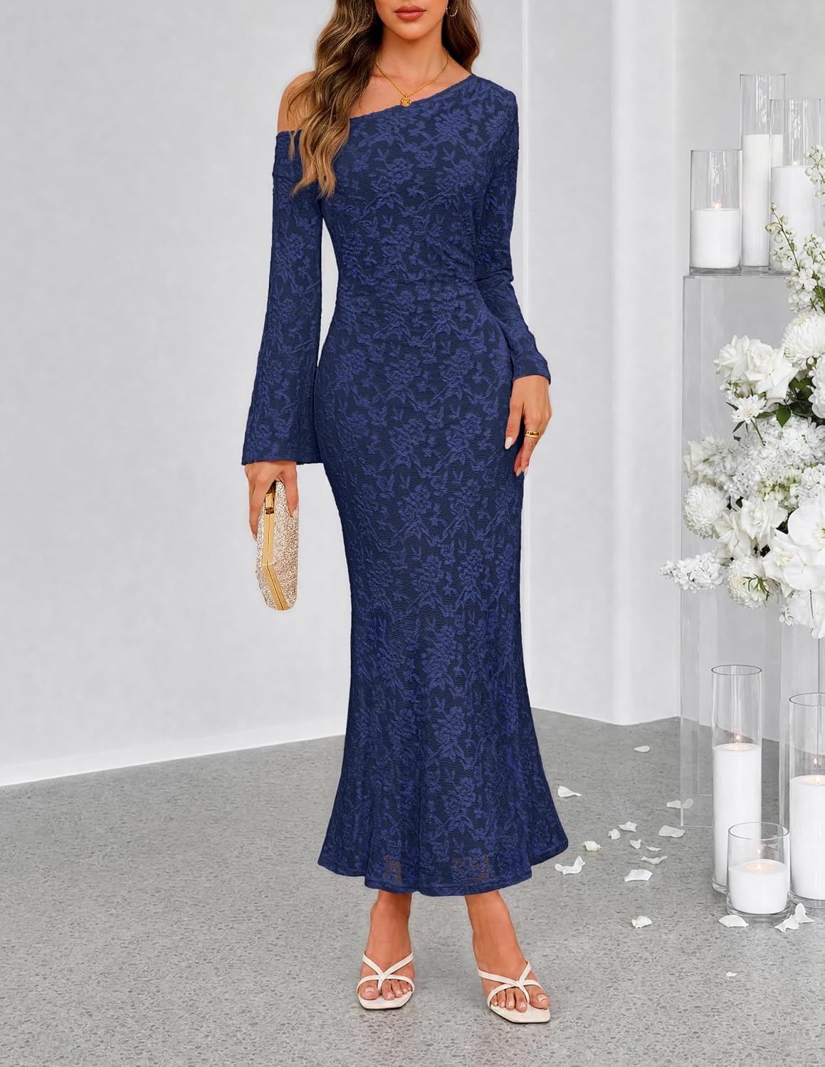 image:imageMEROKEETY Womens Lace Off The Shoulder Wedding Guest Maxi Dress 2026 Floral Jacquard Bell Long Sleeve Fitted Bodycon Ruched Lined Elegant Formal Outfifs Cocktail Party Date Night DressesNavy