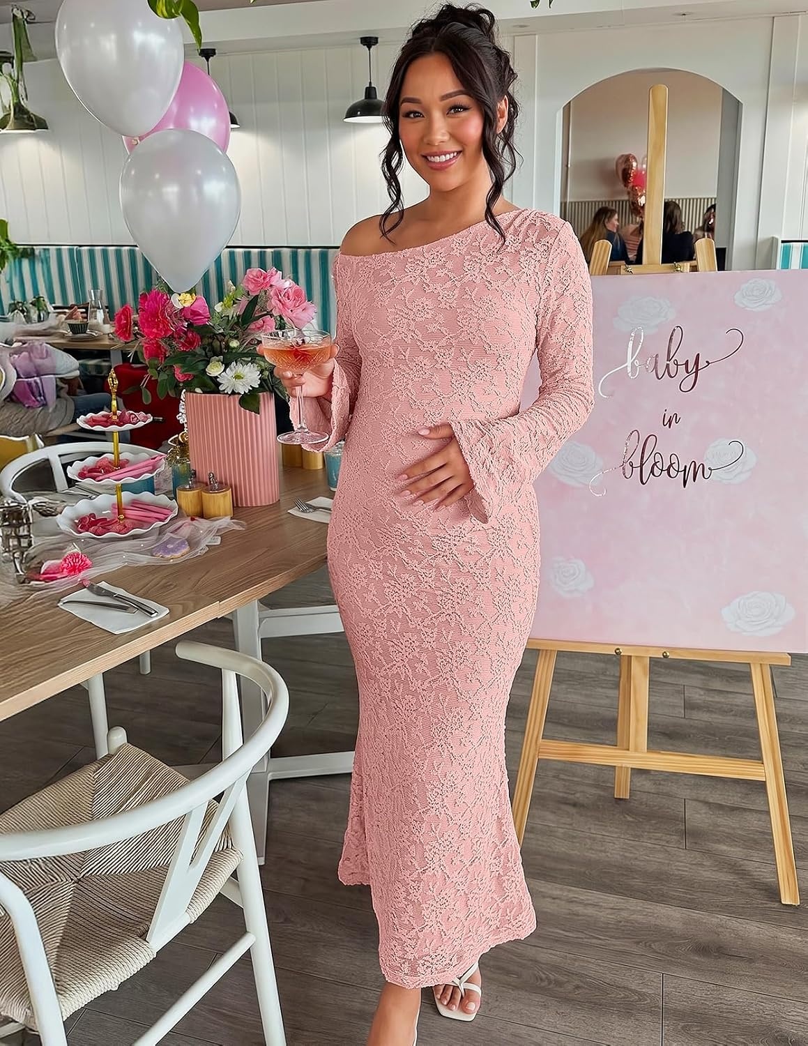 image:imageMEROKEETY Womens Lace Off The Shoulder Wedding Guest Maxi Dress 2026 Floral Jacquard Bell Long Sleeve Fitted Bodycon Ruched Lined Elegant Formal Outfifs Cocktail Party Date Night DressesPink