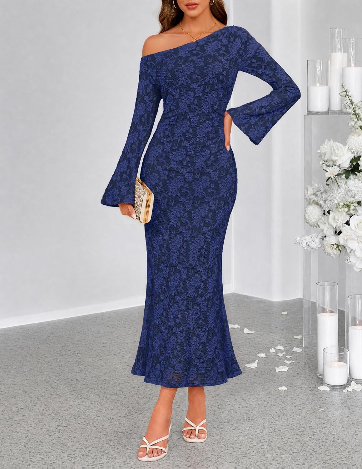 image:imageMEROKEETY Womens Lace Off The Shoulder Wedding Guest Maxi Dress 2026 Floral Jacquard Bell Long Sleeve Fitted Bodycon Ruched Lined Elegant Formal Outfifs Cocktail Party Date Night DressesNavy