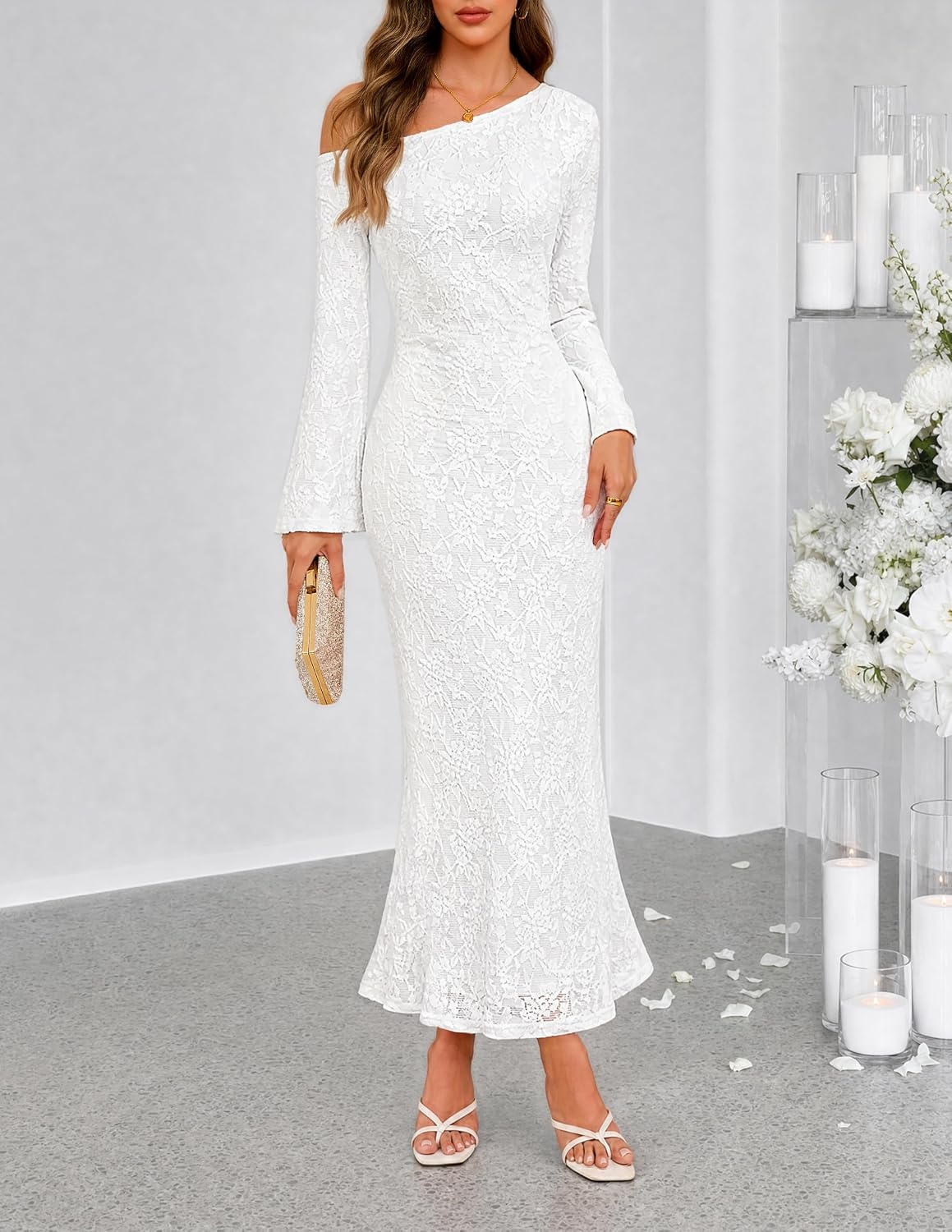 image:imageMEROKEETY Womens Lace Off The Shoulder Wedding Guest Maxi Dress 2026 Floral Jacquard Bell Long Sleeve Fitted Bodycon Ruched Lined Elegant Formal Outfifs Cocktail Party Date Night DressesWhite