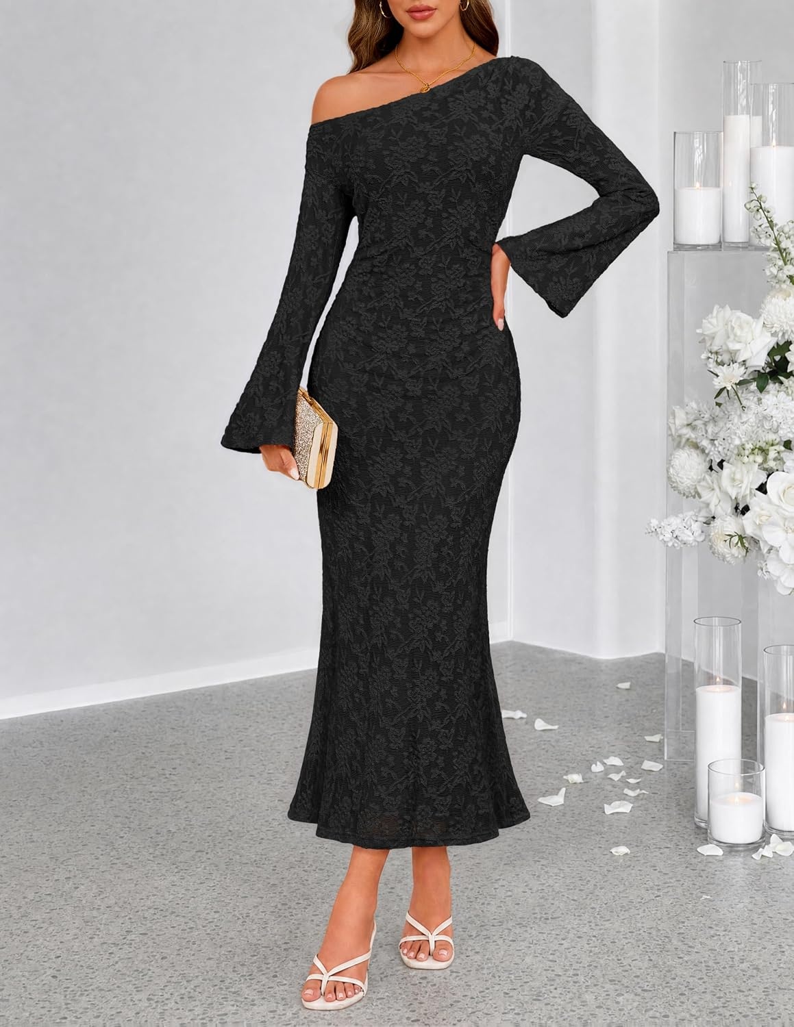 image:imageMEROKEETY Womens Lace Off The Shoulder Wedding Guest Maxi Dress 2026 Floral Jacquard Bell Long Sleeve Fitted Bodycon Ruched Lined Elegant Formal Outfifs Cocktail Party Date Night DressesBlack