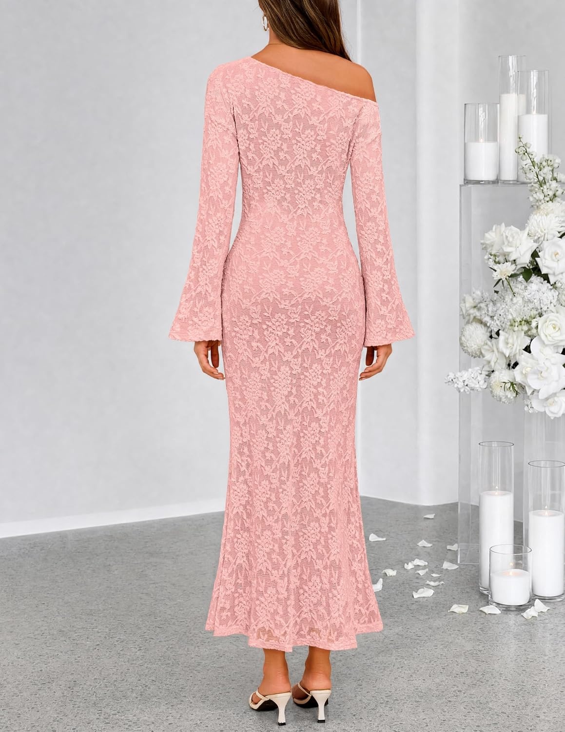 image:imageMEROKEETY Womens Lace Off The Shoulder Wedding Guest Maxi Dress 2026 Floral Jacquard Bell Long Sleeve Fitted Bodycon Ruched Lined Elegant Formal Outfifs Cocktail Party Date Night DressesPink